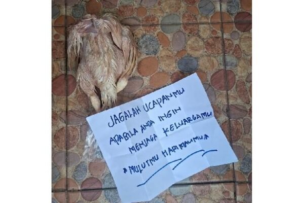 Aktivis Greenpeace Indonesia menyerahkan bukti ancaman berupa bangkai ayam kepada polisi.